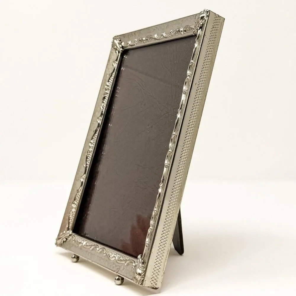 Vintage MCM Ornate Silver Tone Metal 5x7 Photo Frame Footed Easel Back